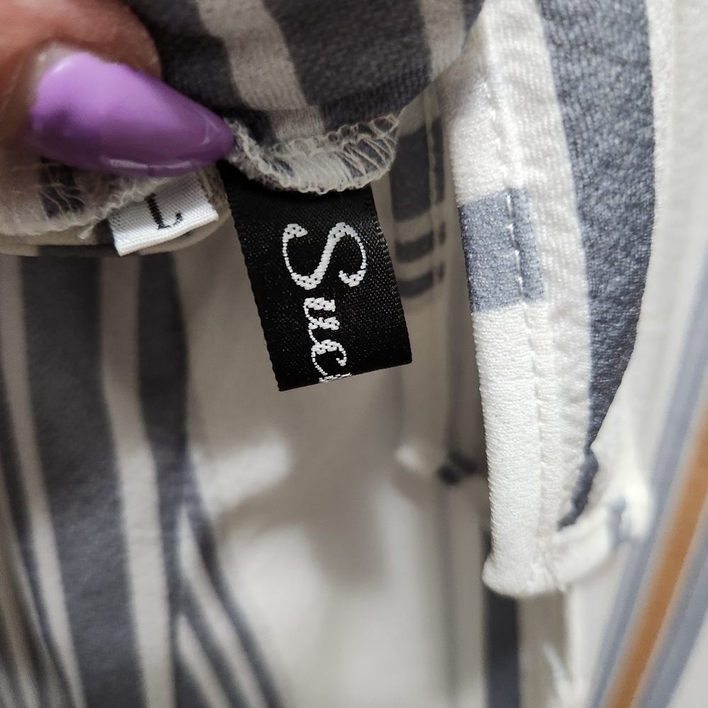 SUCREFAS Boho Blue White Striped Wide Leg Jumpsuit V-Neck Tie Back Size Large - Picture 9 of 12